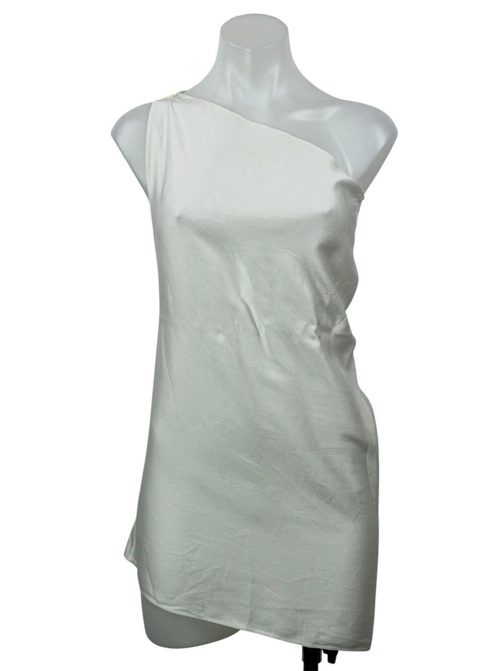 Zara White Silky Satin Sleeveless One Shoulder Asymmetrical Tunic Mini Dress S